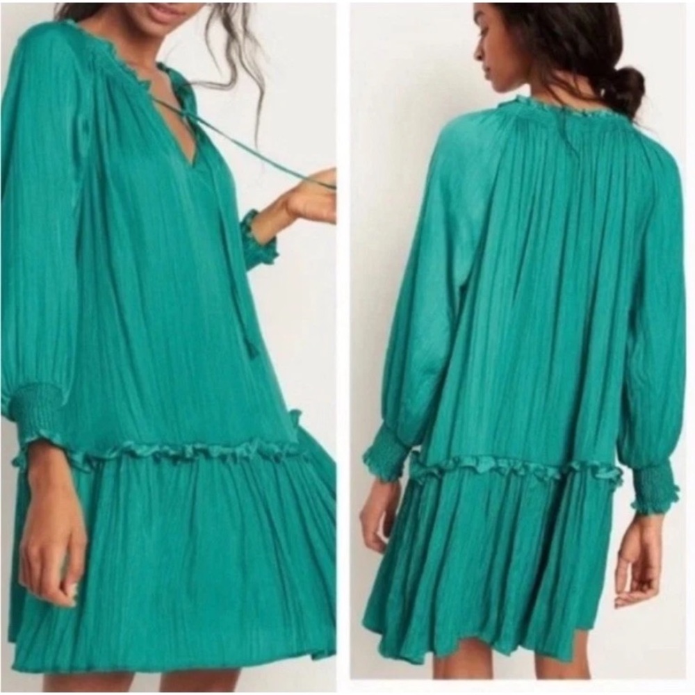 Anthropologie Giulia Green Dress Medium M Excellent Tassels Long Sleeve RARE HTF